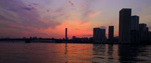 Preview wallpaper tower, sea, buildings, bridge, sunrise, tokyo, japan