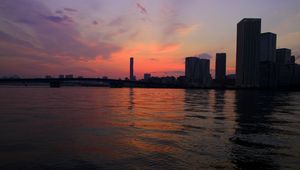 Preview wallpaper tower, sea, buildings, bridge, sunrise, tokyo, japan