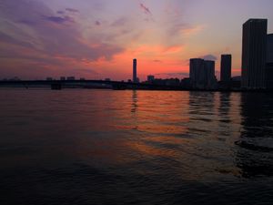 Preview wallpaper tower, sea, buildings, bridge, sunrise, tokyo, japan