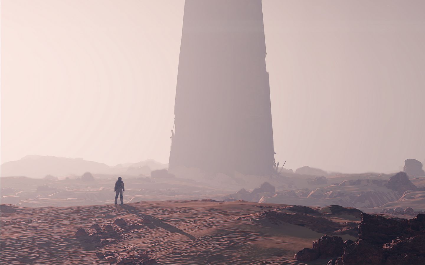 1440x900 Wallpaper tower, silhouettes, fog, shadow