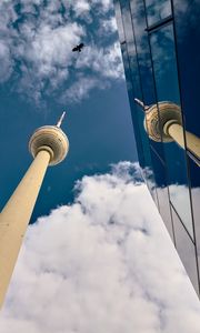 Preview wallpaper tower, skyscraper, architecture, mirror, sky, clouds, bottom view