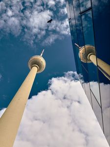 Preview wallpaper tower, skyscraper, architecture, mirror, sky, clouds, bottom view