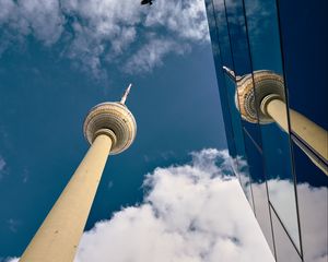 Preview wallpaper tower, skyscraper, architecture, mirror, sky, clouds, bottom view