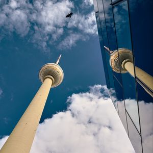 Preview wallpaper tower, skyscraper, architecture, mirror, sky, clouds, bottom view