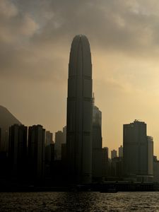 Preview wallpaper tower, skyscraper, buildings, sea, city, dark