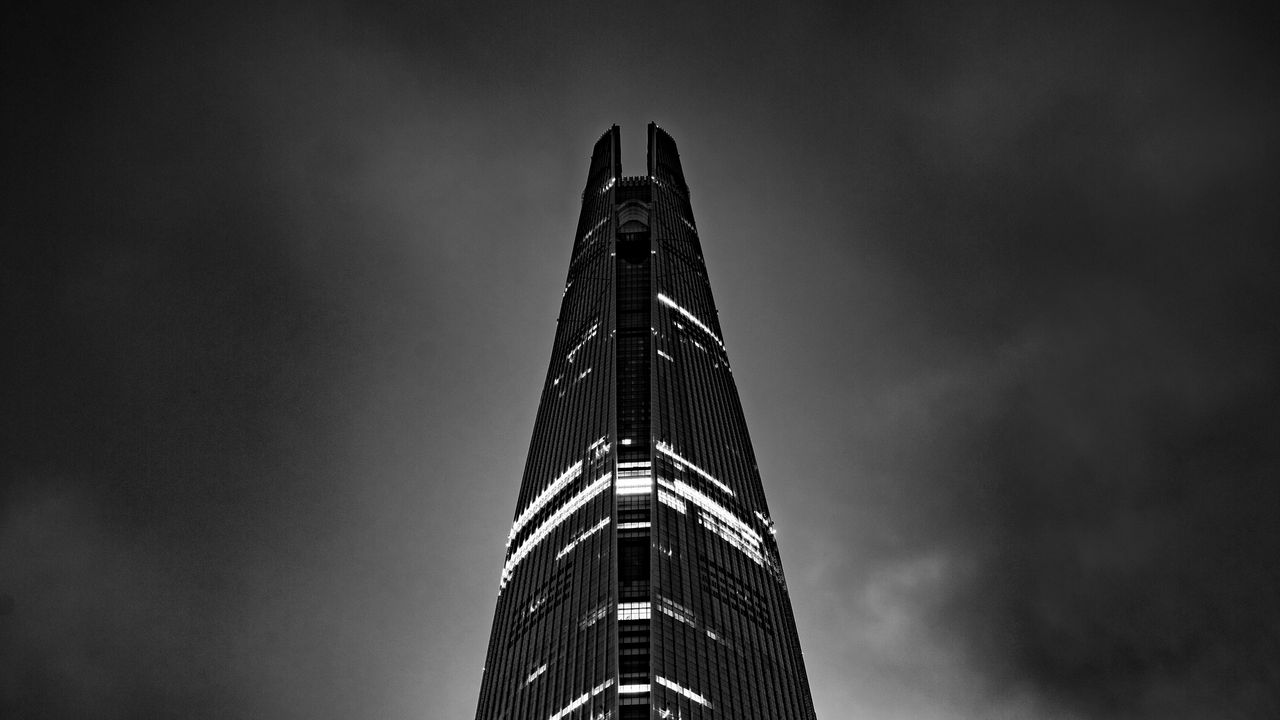 Wallpaper tower, skyscraper, lights, clouds, black and white