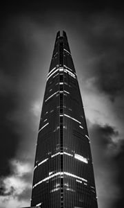 Preview wallpaper tower, skyscraper, lights, clouds, black and white