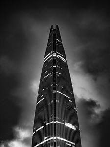 Preview wallpaper tower, skyscraper, lights, clouds, black and white