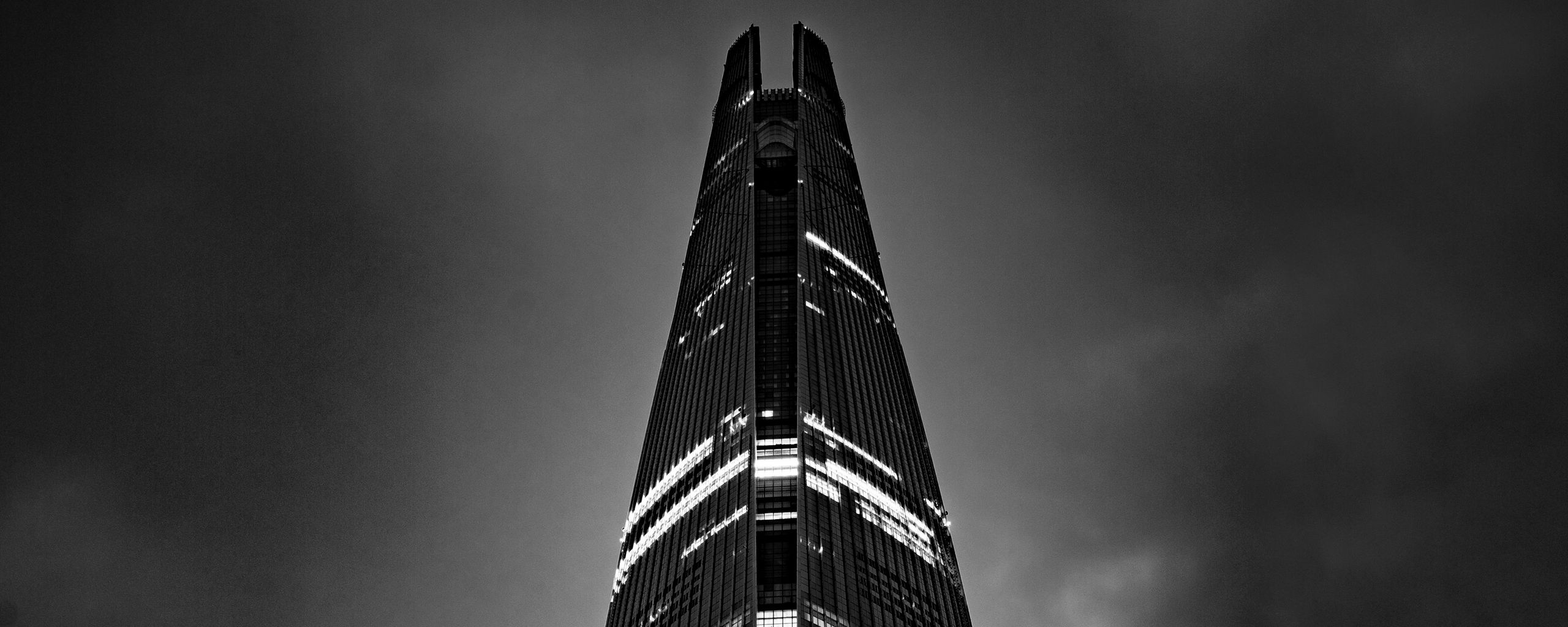 Download wallpaper 2560x1024 tower, skyscraper, lights, clouds, black ...