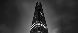 Preview wallpaper tower, skyscraper, lights, clouds, black and white