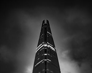 Preview wallpaper tower, skyscraper, lights, clouds, black and white