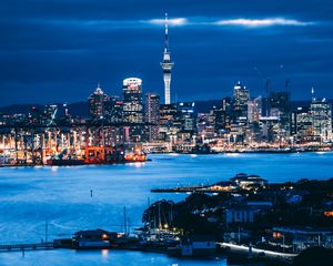 Preview wallpaper tower, skyscrapers, buildings, lights, sea, city