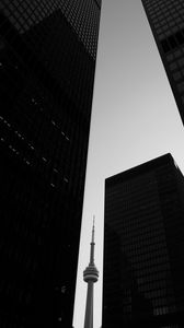 Preview wallpaper tower, skyscrapers, buildings, black and white, architecture