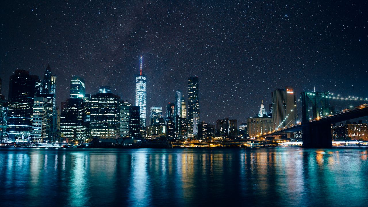 Wallpaper tower, skyscrapers, lights, night, river, starry sky