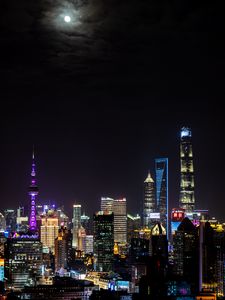 Preview wallpaper tower, skyscrapers, neon, lights, buildings, city, night