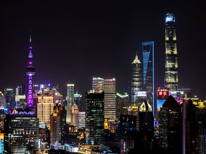 Preview wallpaper tower, skyscrapers, neon, lights, buildings, city, night