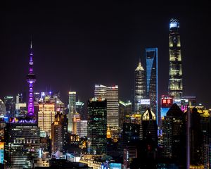 Preview wallpaper tower, skyscrapers, neon, lights, buildings, city, night