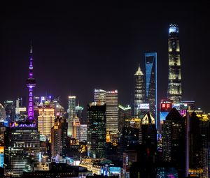 Preview wallpaper tower, skyscrapers, neon, lights, buildings, city, night