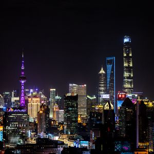 Preview wallpaper tower, skyscrapers, neon, lights, buildings, city, night