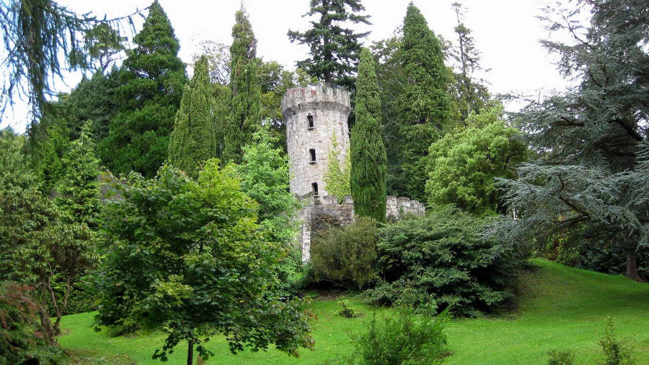 Wallpaper tower, trees, garden, lawn