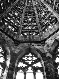 Preview wallpaper tower, window, pattern, relief, architecture, black and white