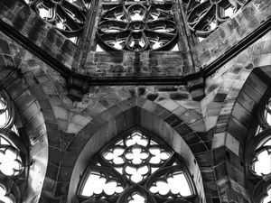 Preview wallpaper tower, window, pattern, relief, architecture, black and white
