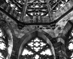 Preview wallpaper tower, window, pattern, relief, architecture, black and white