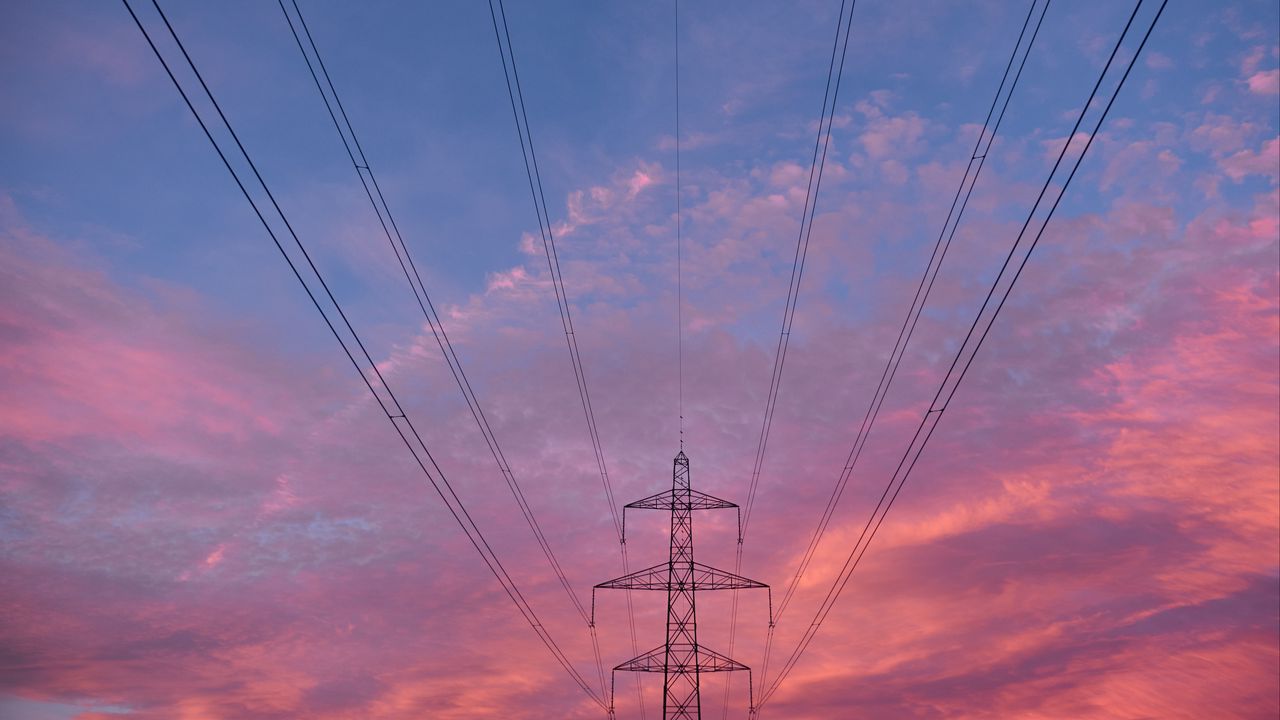 Wallpaper tower, wires, construction, sunset, sky