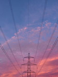 Preview wallpaper tower, wires, construction, sunset, sky
