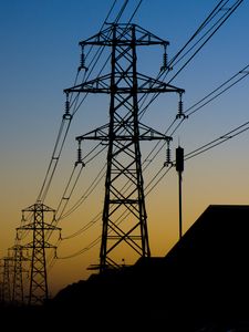Preview wallpaper tower, wires, silhouettes, twilight, dark