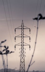 Preview wallpaper tower, wires, sky, black and white