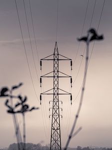 Preview wallpaper tower, wires, sky, black and white
