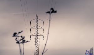 Preview wallpaper tower, wires, sky, black and white