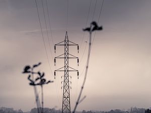 Preview wallpaper tower, wires, sky, black and white