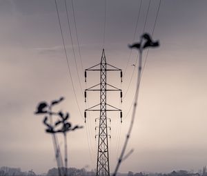 Preview wallpaper tower, wires, sky, black and white