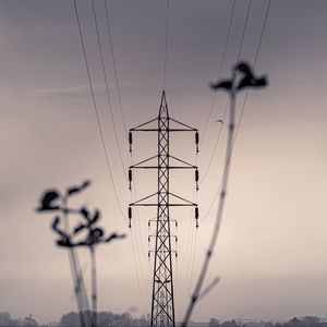 Preview wallpaper tower, wires, sky, black and white