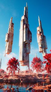 Preview wallpaper towers, architecture, trees, fantasy