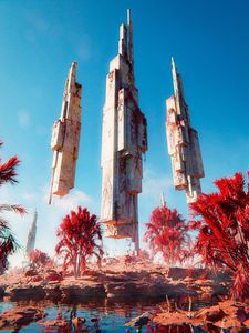 Preview wallpaper towers, architecture, trees, fantasy