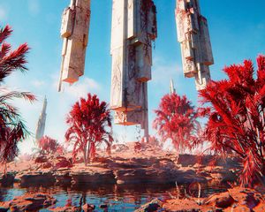 Preview wallpaper towers, architecture, trees, fantasy