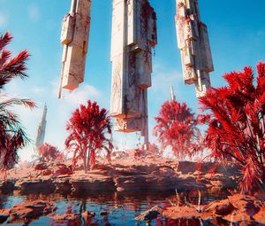 Preview wallpaper towers, architecture, trees, fantasy