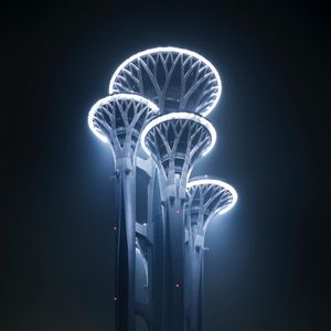 Preview wallpaper towers, buildings, architecture, backlighting, night