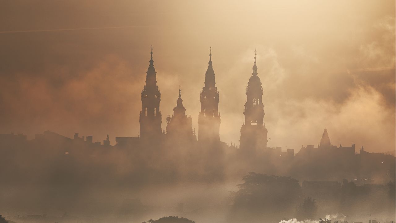 Wallpaper towers, buildings, fog, trees