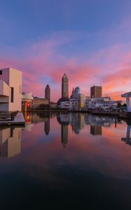 Preview wallpaper towers, buildings, reflection, lake, city
