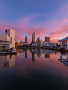 Preview wallpaper towers, buildings, reflection, lake, city