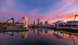 Preview wallpaper towers, buildings, reflection, lake, city