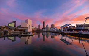 Preview wallpaper towers, buildings, reflection, lake, city