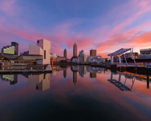 Preview wallpaper towers, buildings, reflection, lake, city