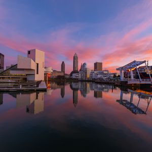 Preview wallpaper towers, buildings, reflection, lake, city