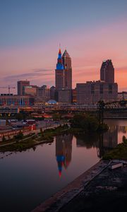 Preview wallpaper towers, buildings, river, reflection, city
