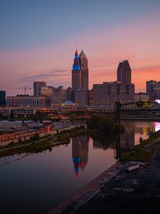 Preview wallpaper towers, buildings, river, reflection, city